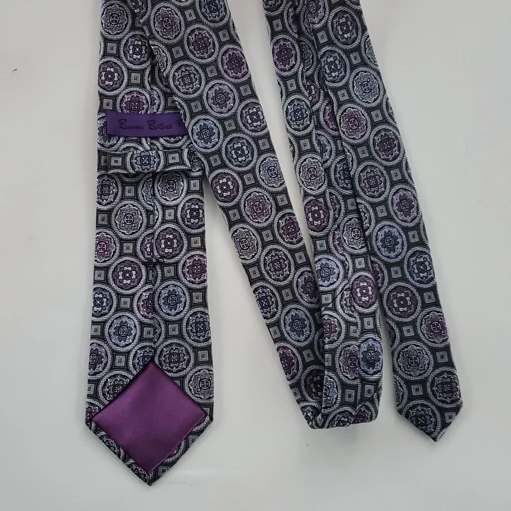 BURMA BIBAS PURPLE GRAY WHITE GEOMETRIC TIE GEOMETRIC SILK OFFICE SPRING FALL